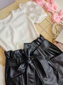 Bory Girls' Set With Tulle Sleeves And Leather Shorts Summer - trắng - Xem 3