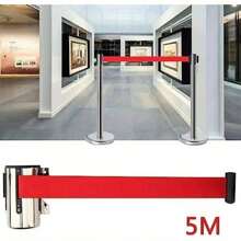 Queue Barrier Belt 5M Wall Mounted Retractable Red Security Belt Rope Barrier With Stainless Steel Support For Outdoor Ribbon Control Crowd
