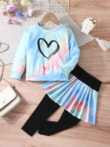 2pcs/Set Young Girl Heart Print & Tie Dye Long Sleeve Top And Fashionable Skort Casual Set - Blue - View 1