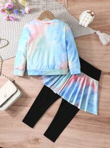 2pcs/Set Young Girl Heart Print & Tie Dye Long Sleeve Top And Fashionable Skort Casual Set - Blue - View 2
