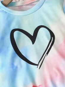 2pcs/Set Young Girl Heart Print & Tie Dye Long Sleeve Top And Fashionable Skort Casual Set - Blue - View 4