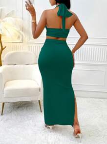 abyoxi Deep V-Neck Backless Tie Crop Top And Ruched Side Slit Maxi Skirt, Fashionable 2-Piece Set - View 2