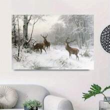 1pc Framed Vintage Deer Painting Winter Landscape Canvas Print Wall Art Mystic Forest Mountain Landscape With Deer Nature Wilderness Poster Modern Art Rustic Scenic For Living Room Bedroom Holiday Prints - White - View 8