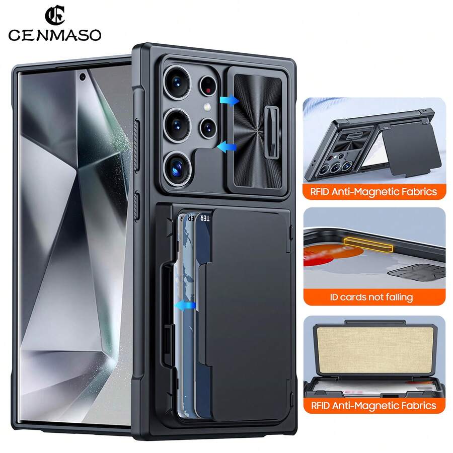 cenmaso Étui portefeuille compatible avec Samsung Galaxy S24 Ultra, support de cartes (4 cartes) et cache-caméra avec support, [blocage RFID] pour femmes et hommes, coque de protection intégrale en PC pour S24 Ultra 2024 - Noir - Voir 1