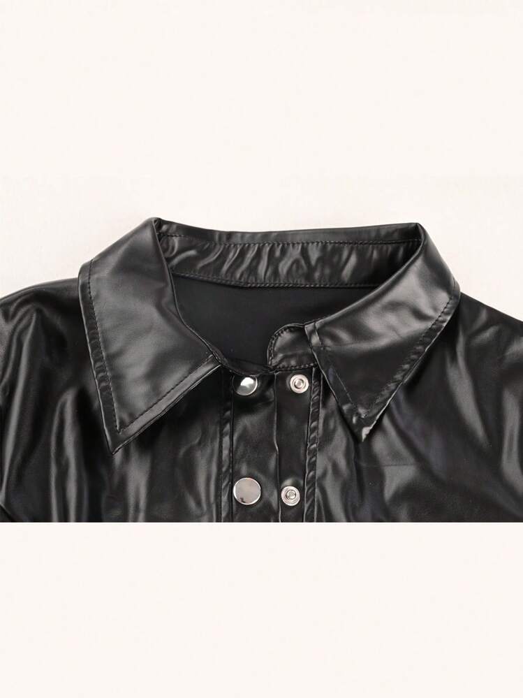 Conjunto de top corto y shorts de piel de poliuretano con botones delanteros, adecuado para festivales de música, estilo casual rock punk, gótico - Negro - Añade 6
