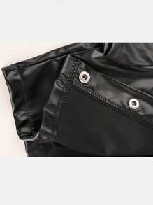 Button Front Crop PU Leather Top & Shorts Music Festival , Rock Punk, Goth - 黑色 - 查看 7
