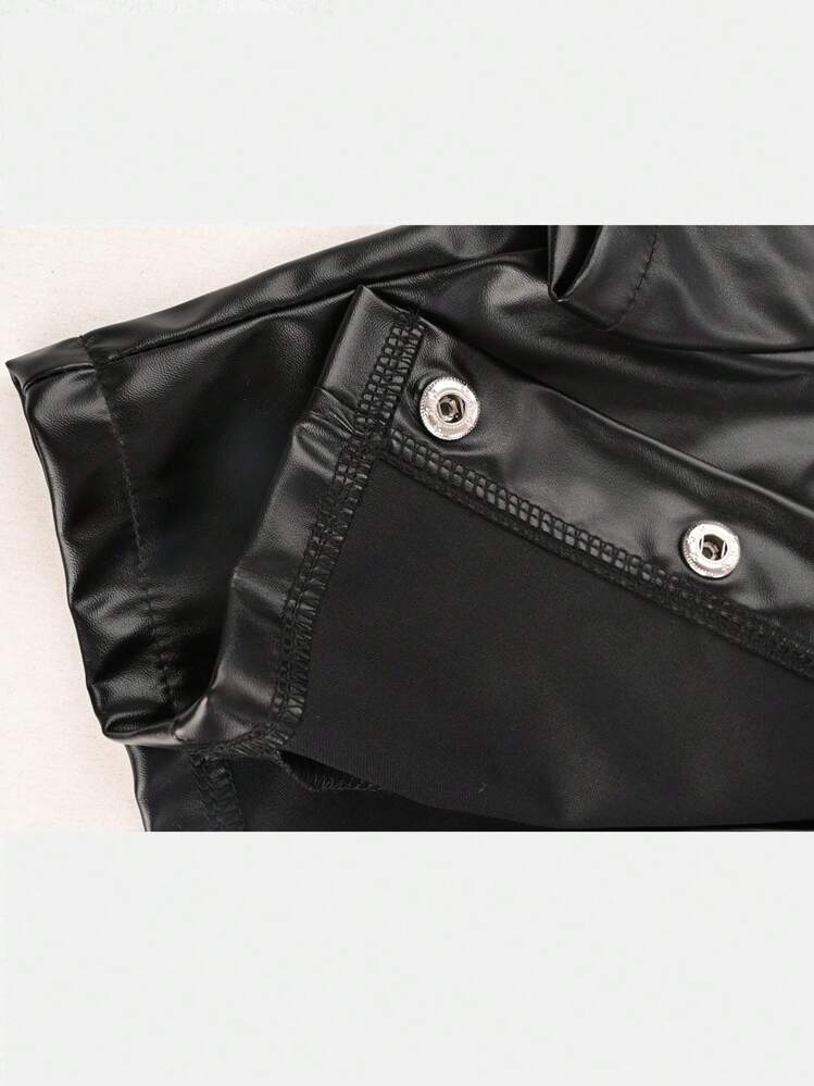 Conjunto de top corto y shorts de piel de poliuretano con botones delanteros, adecuado para festivales de música, estilo casual rock punk, gótico - Negro - Añade 7