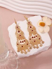 1 对优雅镂空花卉吊坠耳环，多层波西米亚心形金属耳环，适合新娘、婚礼、派对、节日佩戴 - 耳環 - 查看 2