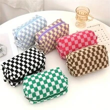 1PC Large Capacity Checkerboard Knitted Pencil Case - Korean Style Dual-Use Stationery/Makeup Bag (Black/Blue/Pink) - Multicolor - View 4