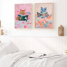 3 件套无框可爱有趣的动物猫阅读书籍时尚艺术海报学院风艺术书房墙壁装饰帆布画印刷品卧室、办公室、宿舍、公寓、客厅、家居装饰的理想礼物 - 黑色 - 查看 4