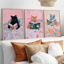 3 件套无框可爱有趣的动物猫阅读书籍时尚艺术海报学院风艺术书房墙壁装饰帆布画印刷品卧室、办公室、宿舍、公寓、客厅、家居装饰的理想礼物 - 黑色 - 查看 1