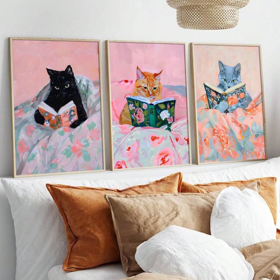 3 件套无框可爱有趣的动物猫阅读书籍时尚艺术海报学院风艺术书房墙壁装饰帆布画印刷品卧室、办公室、宿舍、公寓、客厅、家居装饰的理想礼物 - 黑色 - 查看 1