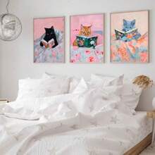 3 件套无框可爱有趣的动物猫阅读书籍时尚艺术海报学院风艺术书房墙壁装饰帆布画印刷品卧室、办公室、宿舍、公寓、客厅、家居装饰的理想礼物 - 黑色 - 查看 2