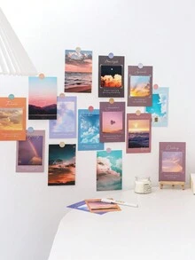 Juego de 16 piezas (15 tarjetas decorativas + 1 pegatina de color aleatorio) Serie de nubes de día y noche, póster decorativo, tarjeta con pegatina, tarjeta postal para decorar paredes de escuela o dormitorio - Multicolor - Ver 1