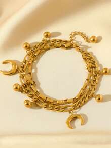 1pc Double-Layer Gold Ball & Moon Pendant Stainless Steel Bracelet For Women, Suitable For Daily Wear - Golden - View 5