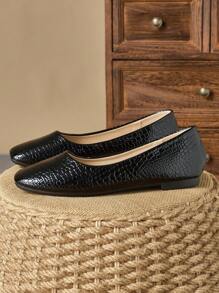 Women Square Toe Flat Slip-On Casual Dress Shoes, Black, For Office Work & Daily Wear
