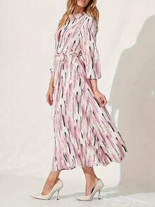 女士时尚印花长袖前系带连衣裙，优雅浪漫风格 - 淺粉色 - 查看 2