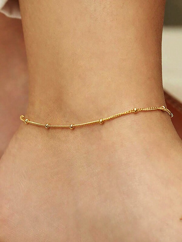 1 pieza Tobillera de cadena de cuentas pequeña clásica chapada en oro de 14 K de plata esterlina S925 vintage para mujeres