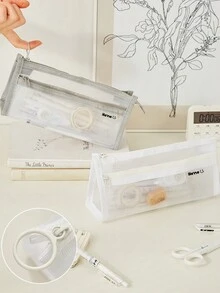 1pc Transparent Double-Layer Mesh Pencil Case, Ins Japanese Style Large Capacity Stationery Organizer Pen Box For School Students - Multicolor - View 5