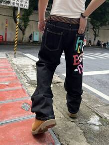 1pc Loose Fitting Colorful Letter Print Wide Leg Jeans For Men - Black - View 4