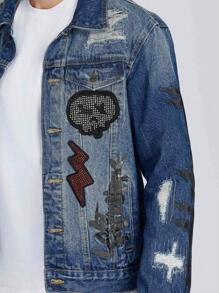 Logeqi® Chaquetas Vaqueras Denim Azules lavadas graduales Rasgadas Bordadas para Hombre - Azul - Ver 6