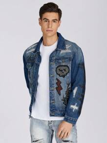 Logeqi® Chaquetas Vaqueras Denim Azules lavadas graduales Rasgadas Bordadas para Hombre - Azul - Ver 4