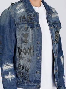 Logeqi® Chaquetas Vaqueras Denim Azules lavadas graduales Rasgadas Bordadas para Hombre - Azul - Ver 5