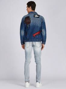 Logeqi® Chaquetas Vaqueras Denim Azules lavadas graduales Rasgadas Bordadas para Hombre - Azul - Ver 2