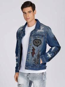 Logeqi® Chaquetas Vaqueras Denim Azules lavadas graduales Rasgadas Bordadas para Hombre - Azul - Ver 1