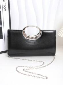 新款设计水钻装饰小方形手拿包，女士晚会单肩包，新娘婚礼手提包，优雅高端，适合婚礼、派对、生日、礼物、俱乐部和夜间活动 - 黑色 - 查看 3