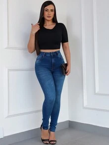 Women's Skinny Jeans In Blue Wash, Shaping, High Waist With Elastane, Lifts The Butt - 藍色 - 查看 3