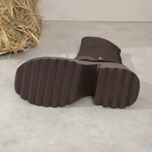 New Brown Ladies Autumn/Winter Fashionable Slip-On Zip-Up Two-Way Wear Anti-Slip Thick Sole Outdoor Casual Mid-Calf Boots, Foldable Elastic Cuff Boots, Zipper Decoration, Round Toe, 3.5 Inch Heel, 1.5 Inch Platform