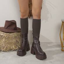 New Brown Ladies Autumn/Winter Fashionable Slip-On Zip-Up Two-Way Wear Anti-Slip Thick Sole Outdoor Casual Mid-Calf Boots, Foldable Elastic Cuff Boots, Zipper Decoration, Round Toe, 3.5 Inch Heel, 1.5 Inch Platform