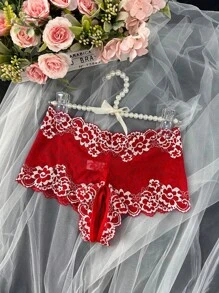 1 件女士性感红色蕾丝开裆内衣，情趣透视内裤，诱人私密内衣，适合情人节、夜店、圣诞节、外出 - 紅色 - 查看 3