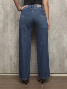Shein Women's Wide Leg High Waisted Slim Butt 100% Denim Jeans - 藍色 - 查看 3