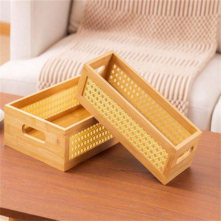 1 hộp đựng đồ bằng gỗ dạng lưới nhiều kích cỡ, hộp đựng đồ trang điểm trong phòng ngủ, khay để bàn phòng khách, hộp đựng đồ hình chữ nhật - Màu Khaki - Xem 1