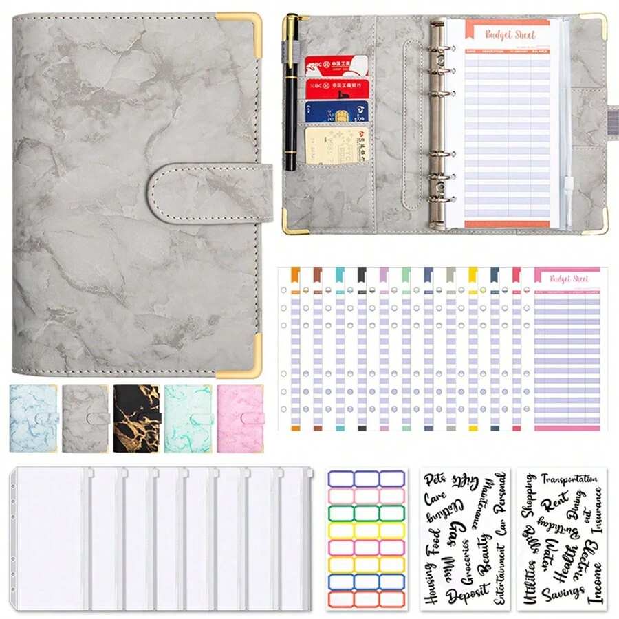 Bìa sổ tiết kiệm tiền, Sổ lập kế hoạch ngân sách A6, Sổ ngân sách có phong bì đựng tiền mặt có khóa kéo, Phong bì đựng tiền mặt để lập ngân sách với Thẻ ngân sách, Bìa sổ ngân sách để quản lý ngân sách và tiết kiệm tiền - Nhiều màu - Xem 1