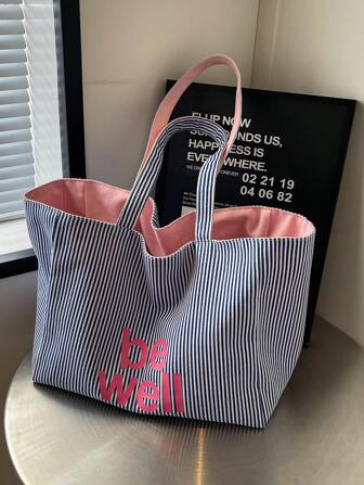 可翻转帆布手提袋双面条纹帆布包是一款轻便的商务休闲简约购物袋，适合青少年女大学生、初学者和白领。、书包、学校手提包、学校手提包、学校书包、返校包、大容量、便携、可折叠、经典休闲、适合青少年女孩女大学生、非常适合返校、开学第一天、海滩、度假、学校手提包、大学必需品