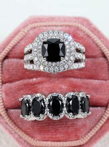 2 件/套时尚方晶锆石戒指套装女士适合婚礼订婚周年派对戒指珠宝情人节礼物 - 1# - 查看 17