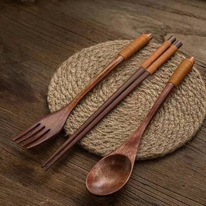 3pcs Wooden Chopsticks Spoon & Fork Set, Portable Flatware For Office Workers, 1 Person ,Kitchen,Christmas Gift Back To School