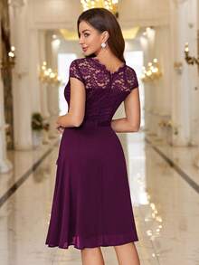 MIUSOL Floral Lace Corset With Ruffle Hem Cocktail Dress, For Valentine's Day - Maroon - View 3