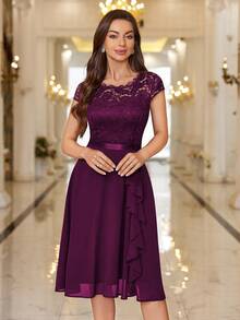 MIUSOL Floral Lace Corset With Ruffle Hem Cocktail Dress, For Valentine's Day - Maroon - View 5