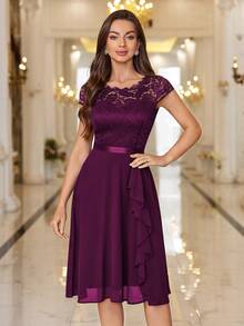 MIUSOL Floral Lace Corset With Ruffle Hem Cocktail Dress, For Valentine's Day - Maroon - View 4