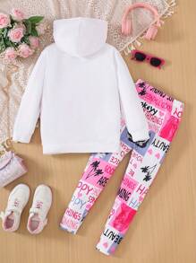 2pcs/Set Casual Fashion Printed Raglan Hoodie & Floral Pants Set For Tween Girl, Autumn/Winter - Multicolor - View 2