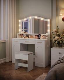Hzuaneri Kaptafel met kruk, HD grote spiegel, 3 in kleur verstelbare LED-lampjes, met laadstation 2 stopcontacten en 2 USB-poorten, 3 laden en 2 opbergkasten, witgoud