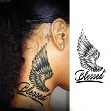JKCODE TATTOO Independent Designer Sacred Angel Wings & Letter Doodle, Herbal Dye Temporary Tattoo, 15-Day Realistic Tattoo Experience