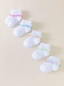 5 Pairs Baby Girls' Princess Lace Ruffle Fashion Versatile Breathable Socks, Suitable For Baby Girls' Daily Casual Wear, Random Color - Multicolor - View 3