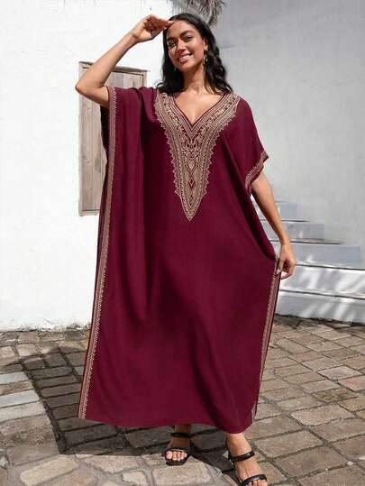 Plus Size Women's Wine Red Kaftan Dress, V-Neck Batwing Sleeve Side Slit Loose Comfortable Flowy Dress, Beach Resort Cover Up Elegant