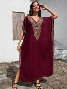 Red Embroidered Short Sleeve Casual & Elegant Kaftan Robe For Women Eid Spring - Đỏ - Xem 5