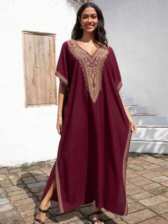 Röd broderad kortärmad avslappnad och elegant kaftanmorgon för kvinnor